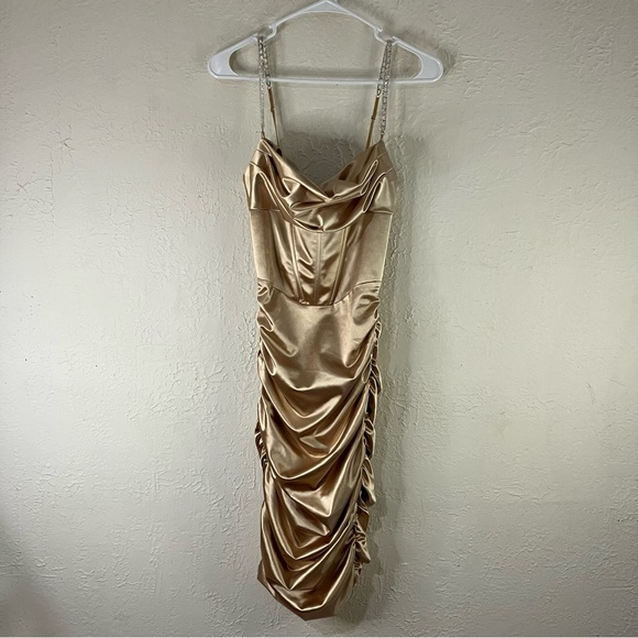 Oh Polly Embellish The Moment Ruched Satin Metallic Knee Length Dress in Gold - Picture 3 of 15